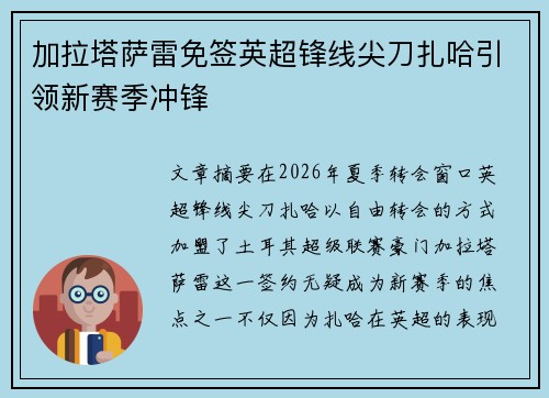 加拉塔萨雷免签英超锋线尖刀扎哈引领新赛季冲锋 加拉塔萨雷免签英超锋线尖刀扎哈引领新赛季冲锋